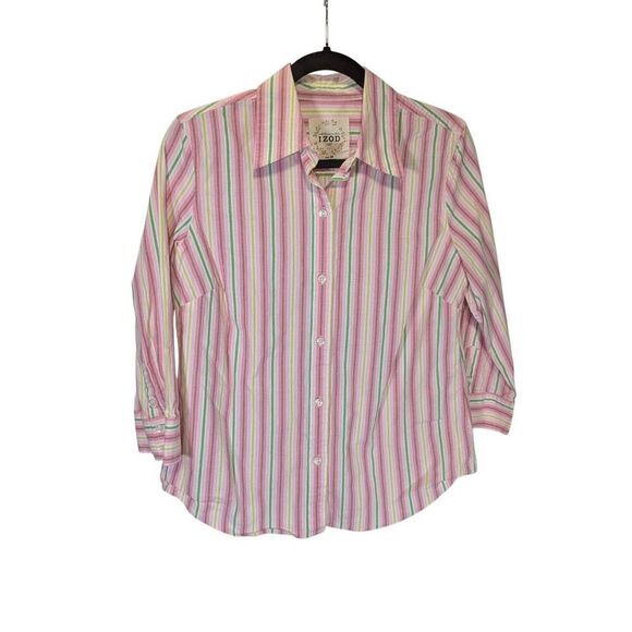 Izod Shirt Green Pink Stripe Casual Work Top Button Up Women's Medium - Picture 1 of 4